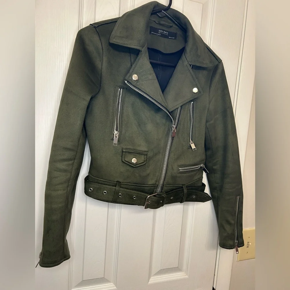 Zara Olive Moto Jacket Belted Zip Biker Chic Trendy S - Picture 3 of 14